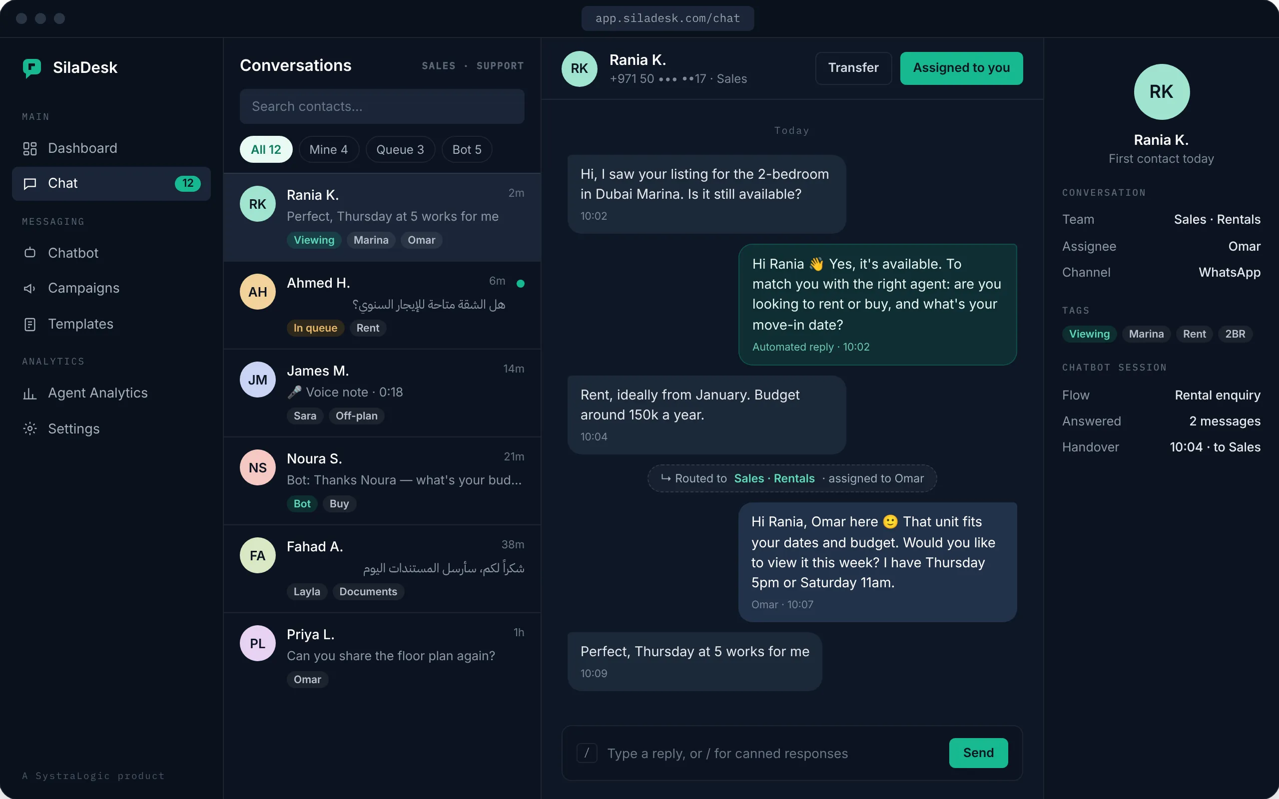 The SilaDesk inbox: a conversation list on the left, a WhatsApp thread with Rania K. in the middle, and her contact details on the right. The thread shows an automated reply, a marker reading Routed to Sales, Rentals, and a reply from Omar.