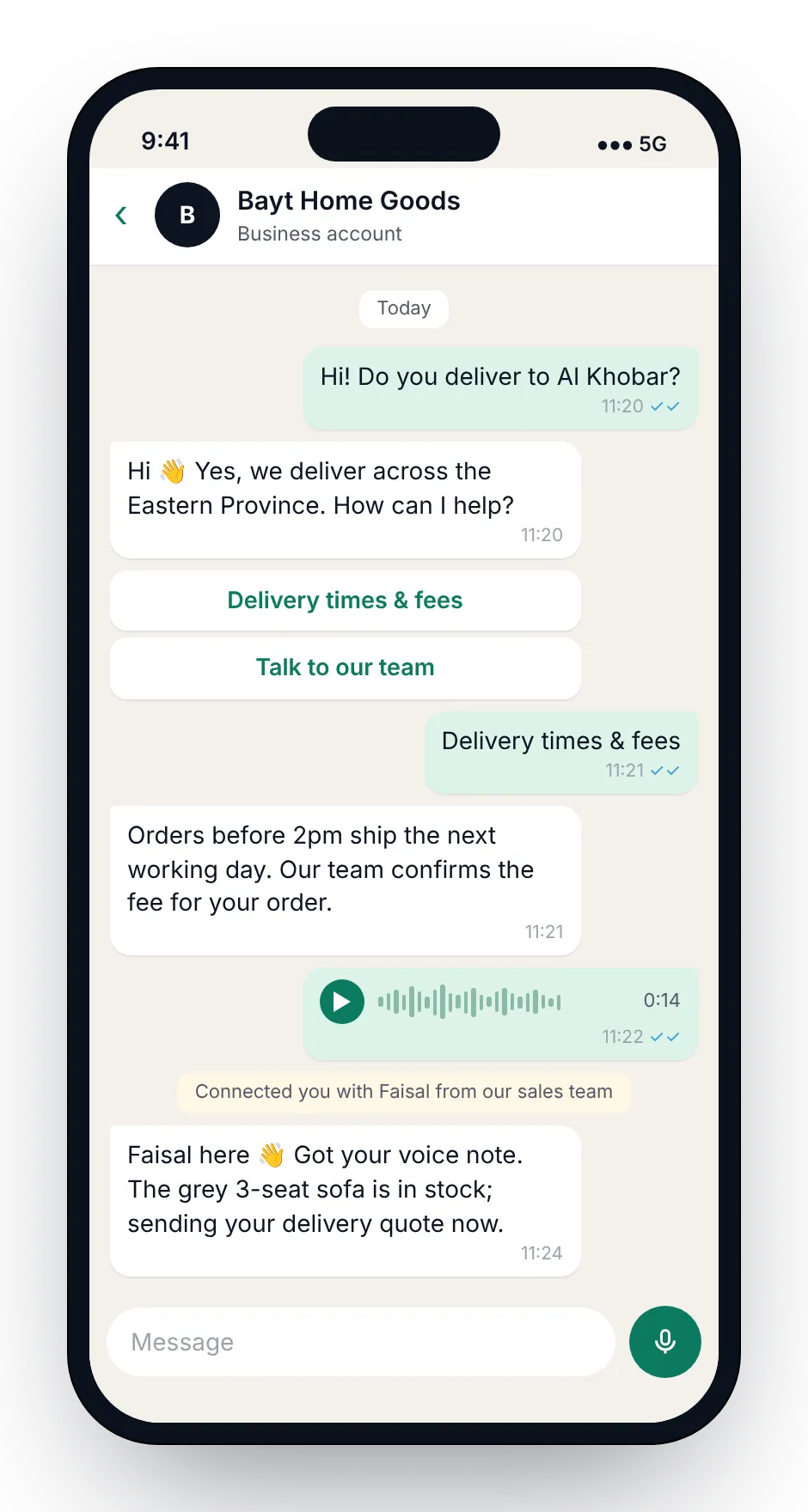 A phone showing a WhatsApp conversation with Bayt Home Goods: a delivery question, quick-reply buttons, a voice note, and a handover to Faisal from the sales team.